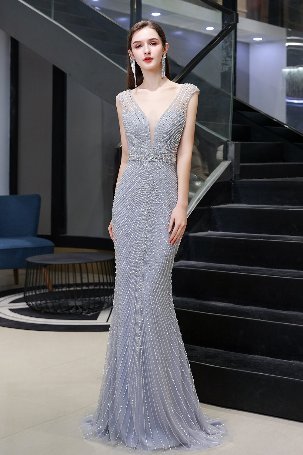 Sexy Mermaid V-neck Tulle Sleeveless Silver Long Formal Evening Dress
