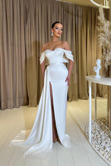 Long Mermaid Off the Shoulder Satin Formal Prom Dresses with Slit