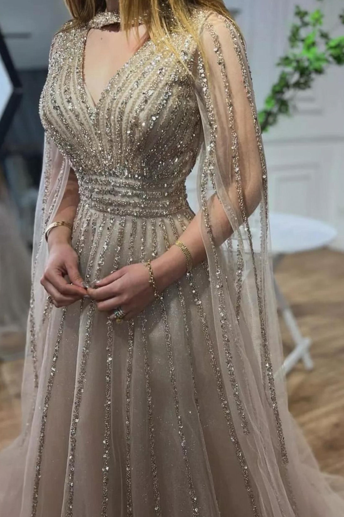 Sparkle V-Neck Tulle A-Line Long Formal Evening Dress with Sequins