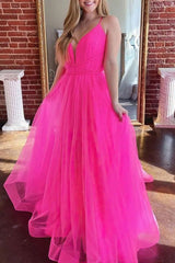 Long Spaghetti Straps V-neck Tulle A-Line Floor Length Prom Dress