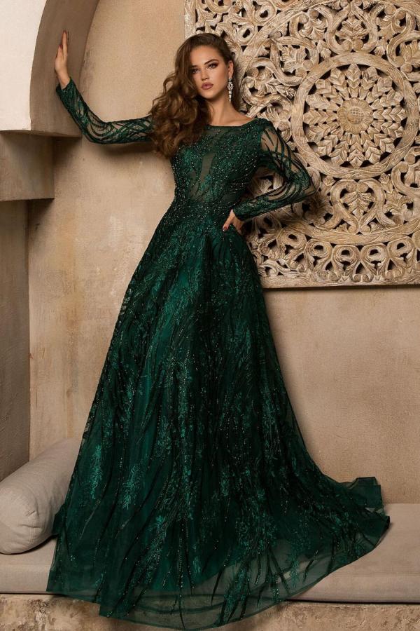 Long Sleeve Dark Green Sequin Appliques Lace Floor Length A-Line Prom Dress