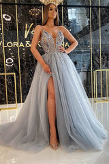 Charming Long Spaghetti Straps Beading A-Line Tulle Prom Dress with Ruffles