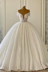 Gorgeous Long Off the Shoulder Strapless Ball Gown Wedding Dress with Ruffles