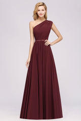 Elegant A-Line Burgundy Chiffon One Shoulder Bridesmaid Dress with Beadings