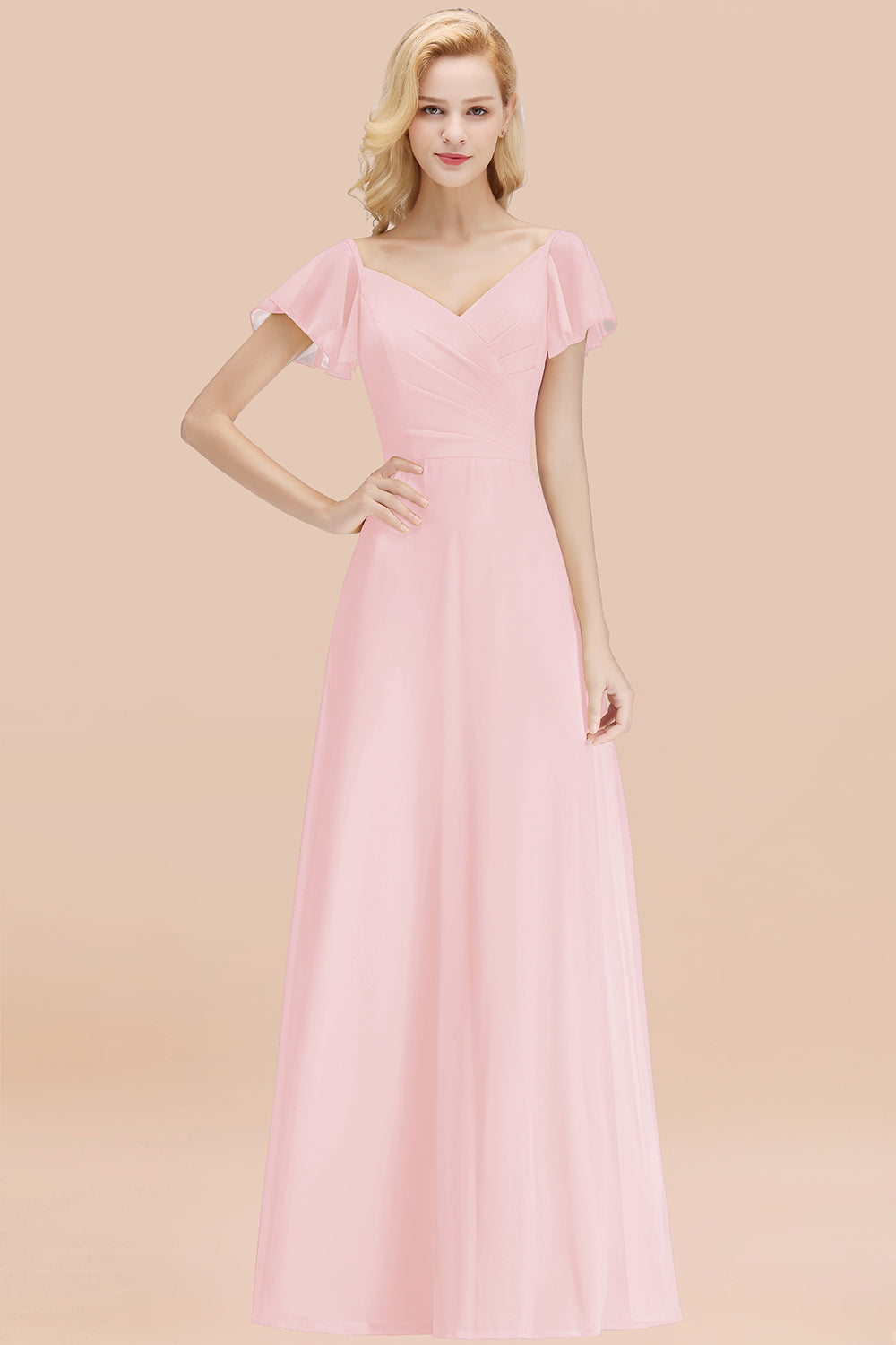 Elegant V Neck Short Sleeves Chiffon A-line Long Chocolate Bridesmaid Dress
