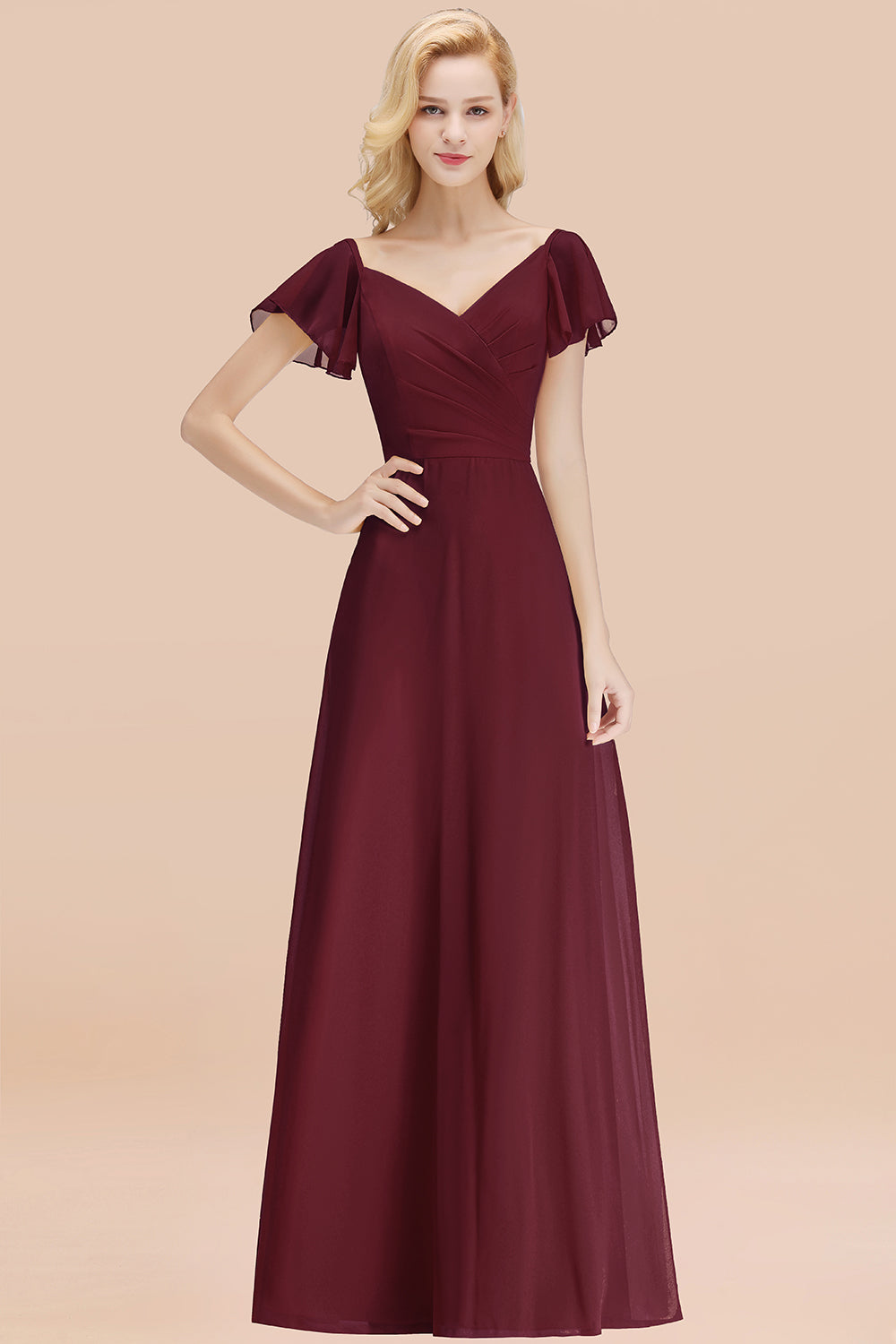 Elegant V Neck Short Sleeves Chiffon A-line Long Burgundy Bridesmaid Dress
