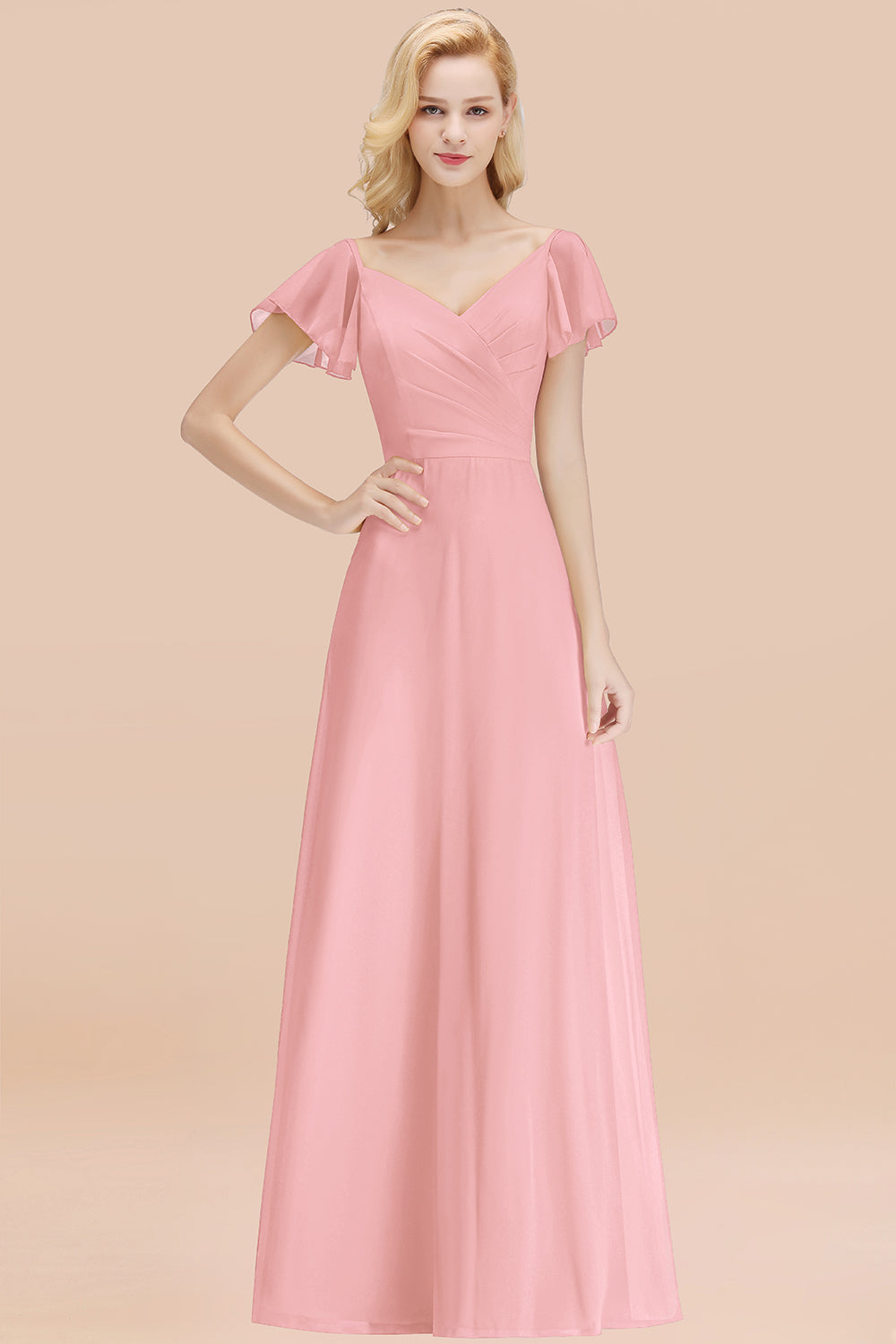 Elegant V Neck Short Sleeves Chiffon A-line Long Chocolate Bridesmaid Dress