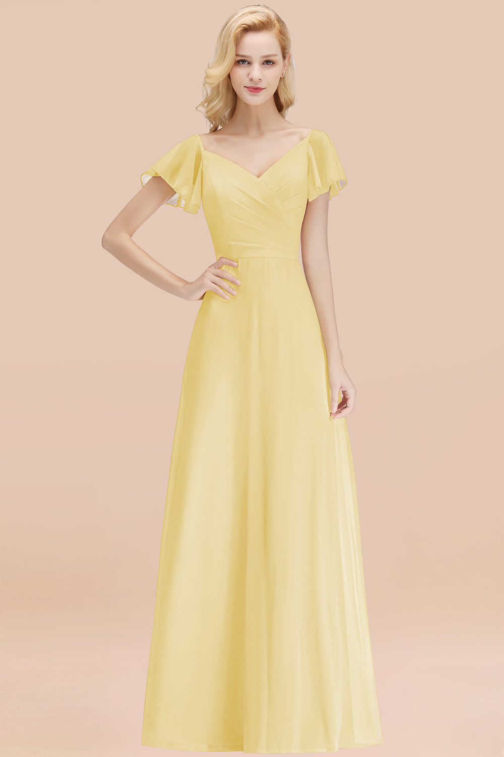 Elegant V Neck Short Sleeves Chiffon A-line Long Chocolate Bridesmaid Dress