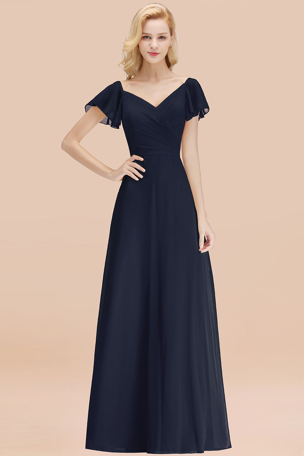Elegant V Neck Short Sleeves Chiffon A-line Long Chocolate Bridesmaid Dress