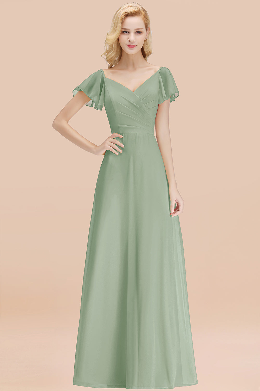 Elegant V Neck Short Sleeves Chiffon A-line Long Chocolate Bridesmaid Dress