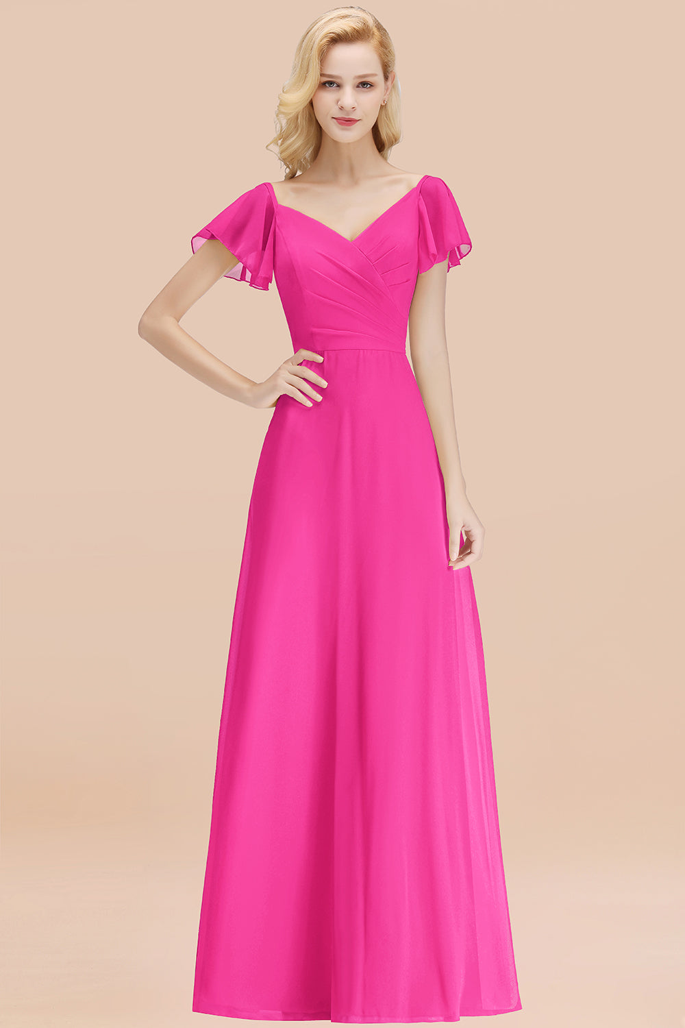 Elegant V Neck Short Sleeves Chiffon A-line Long Chocolate Bridesmaid Dress