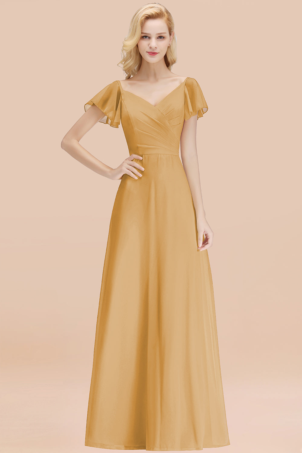 Elegant V Neck Short Sleeves Chiffon A-line Long Chocolate Bridesmaid Dress