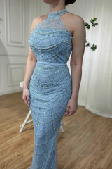 Elegant Long Halter Tulle Beaded Mermaid Formal Evening Dresses