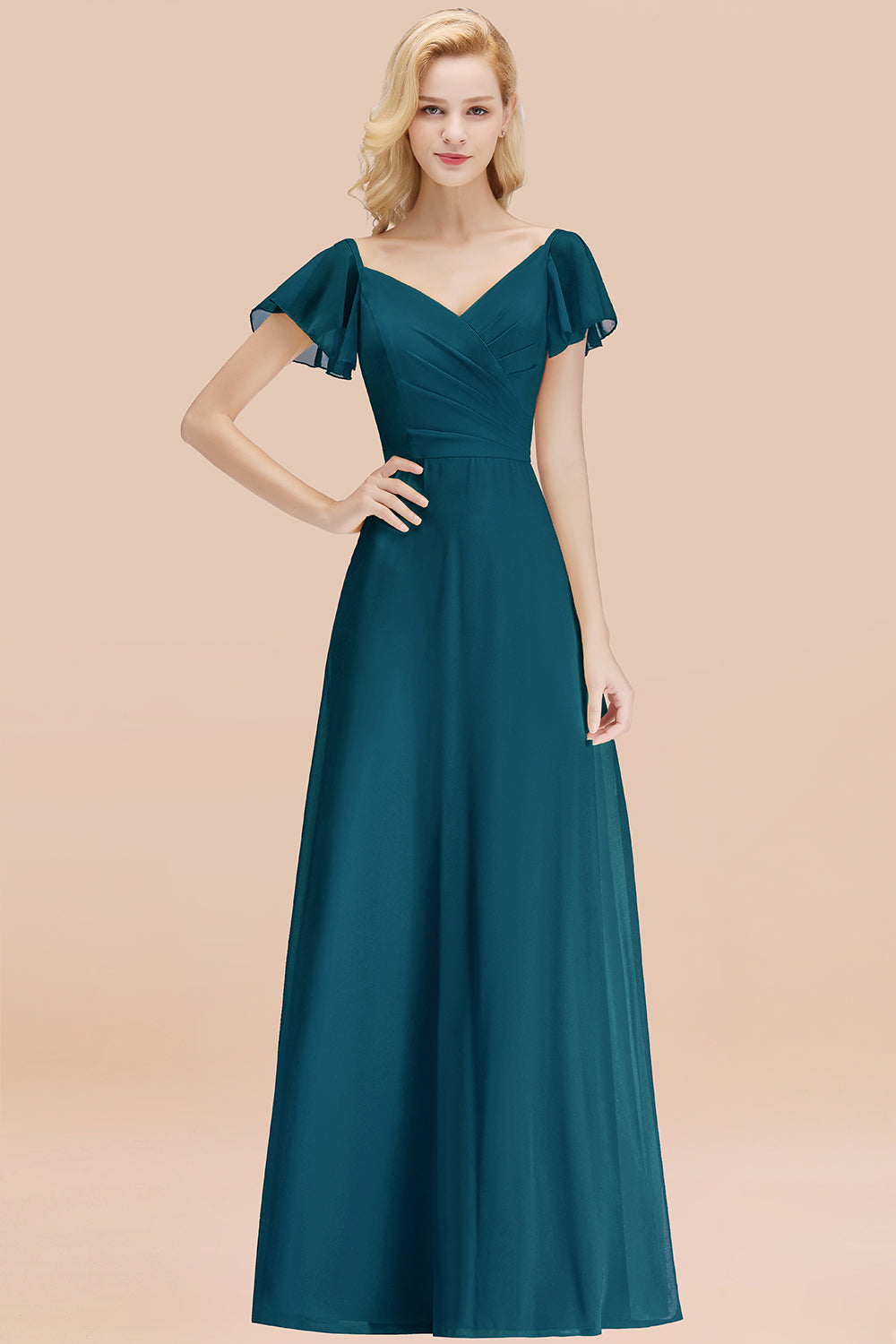Elegant V Neck Short Sleeves Chiffon A-line Long Chocolate Bridesmaid Dress