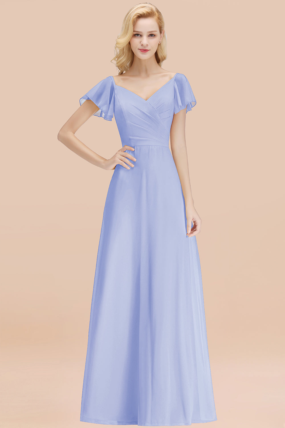 Elegant V Neck Short Sleeves Chiffon A-line Long Chocolate Bridesmaid Dress