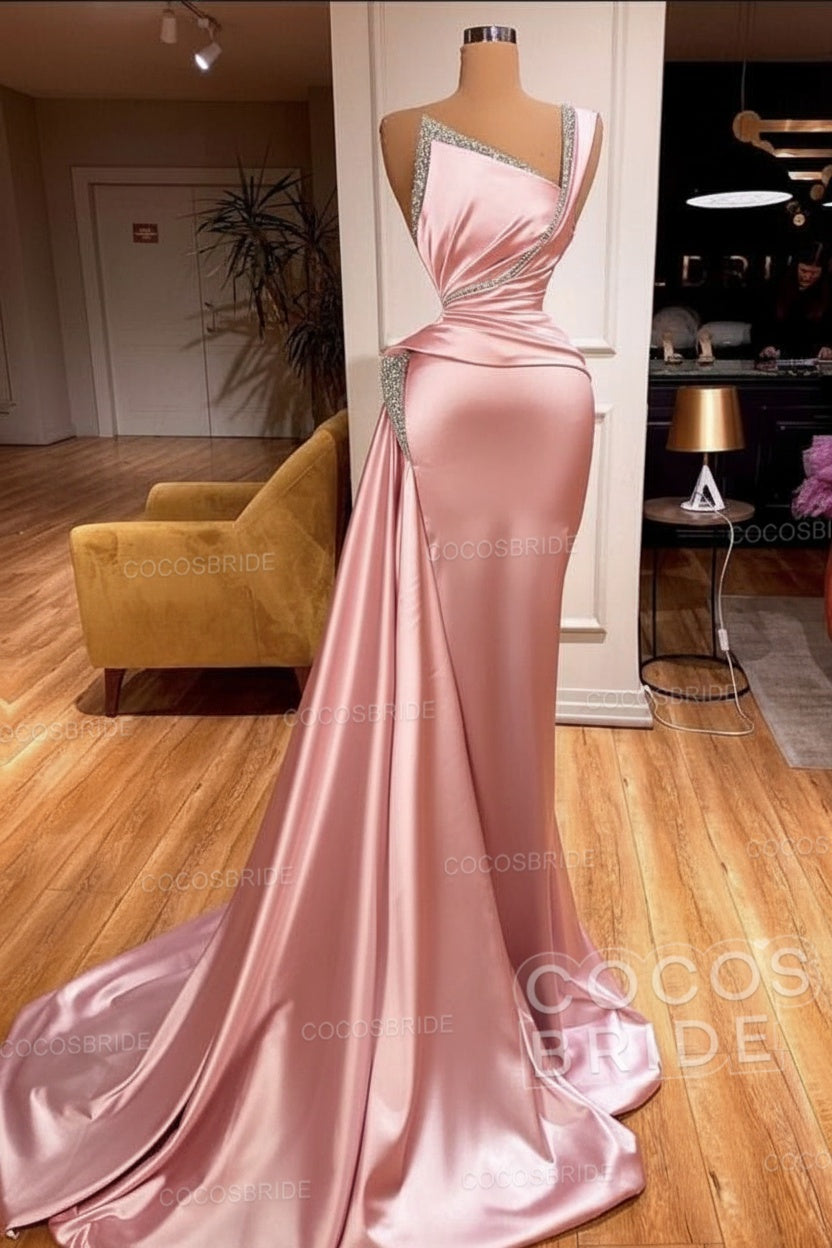 Elegant Long Mermaid One Shoulder Sleeveless Satin Prom Dress
