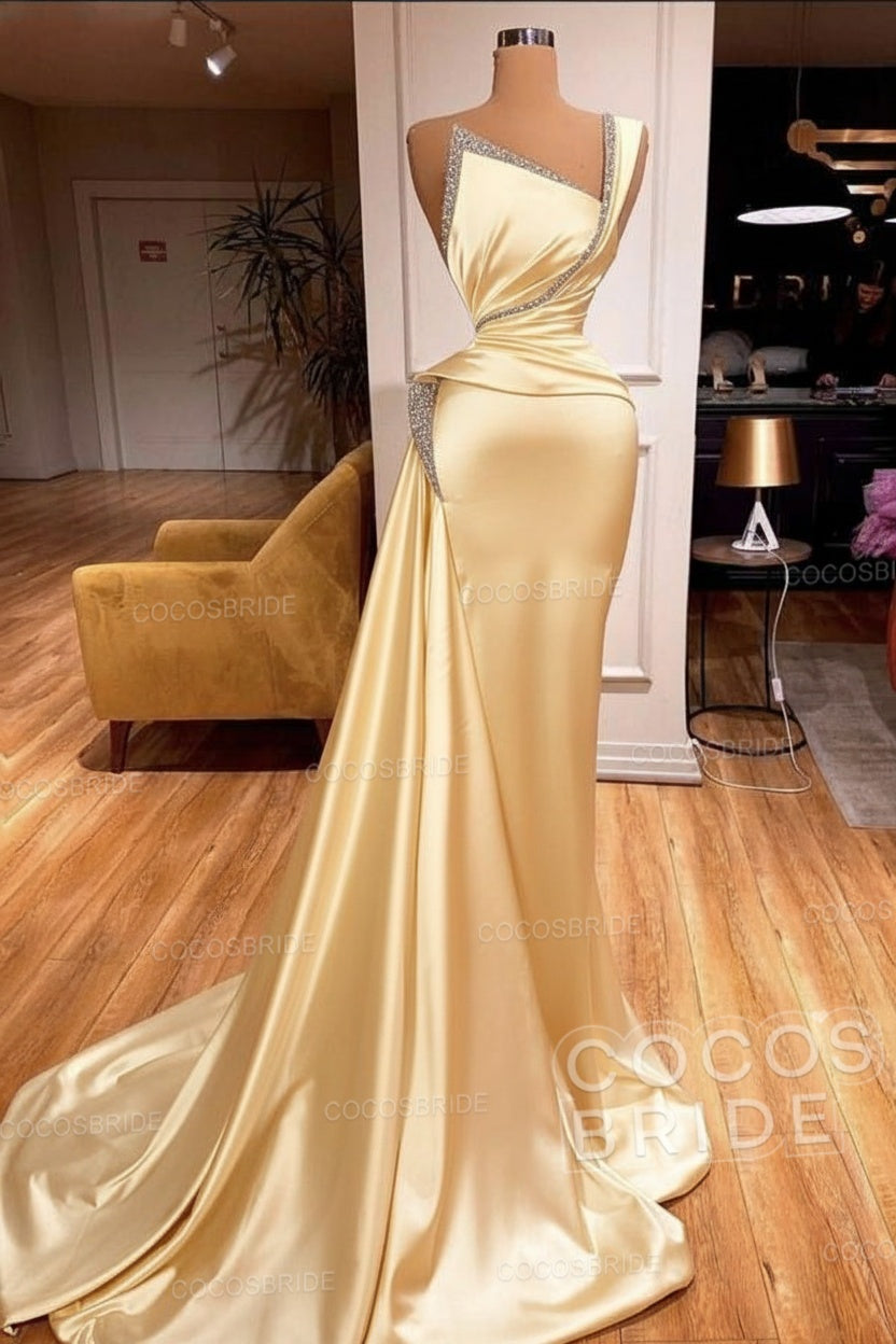 Elegant Long Mermaid One Shoulder Sleeveless Satin Prom Dress