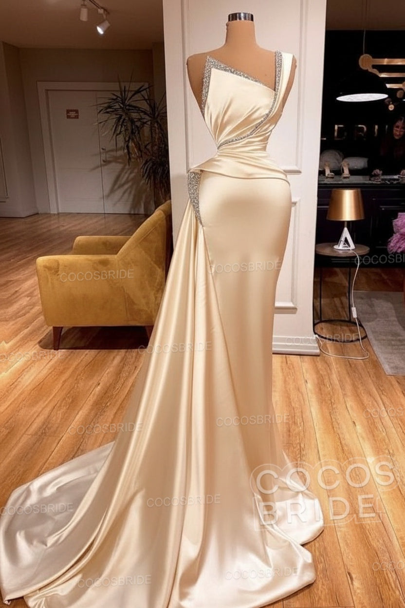Elegant Long Mermaid One Shoulder Sleeveless Satin Prom Dress