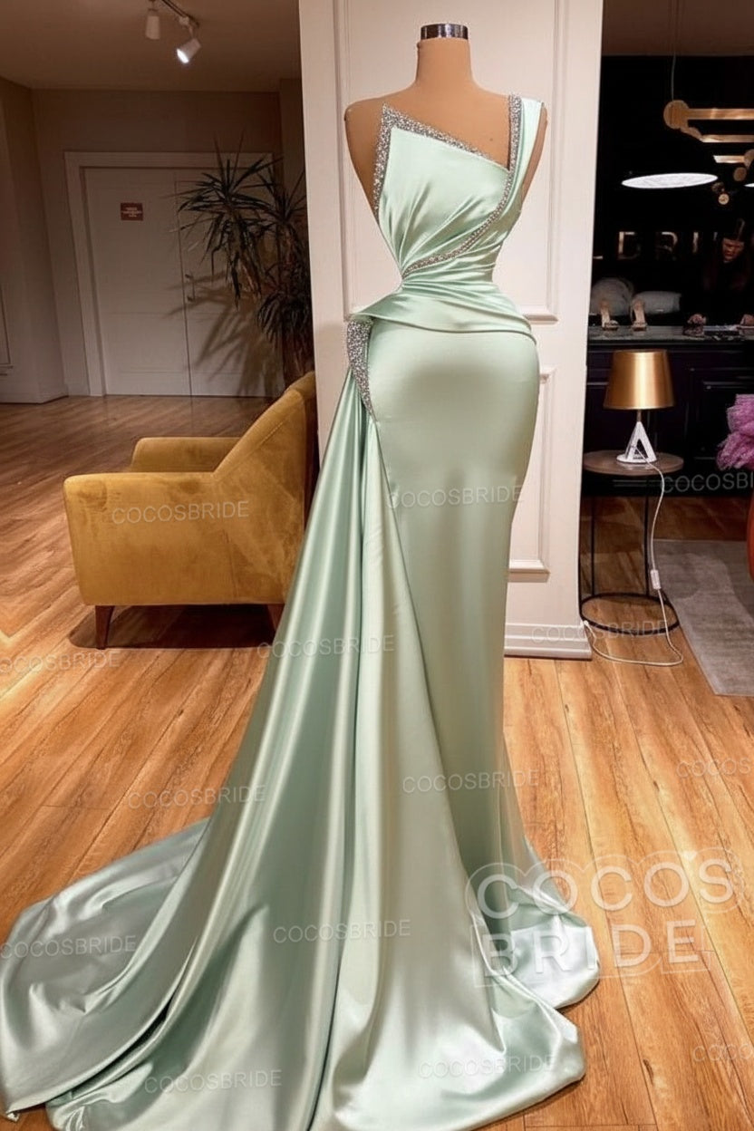 Elegant Long Mermaid One Shoulder Sleeveless Satin Prom Dress