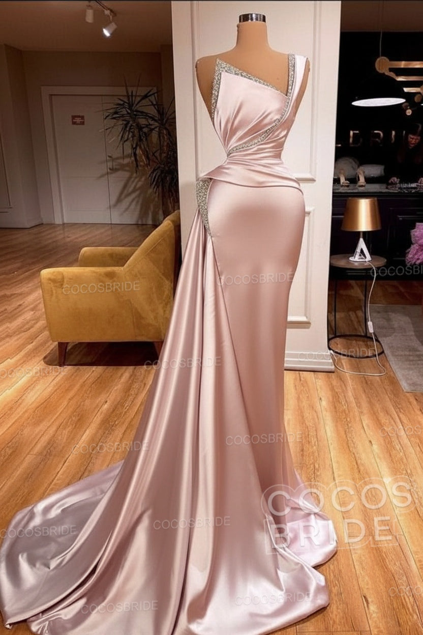 Elegant Long Mermaid One Shoulder Sleeveless Satin Prom Dress