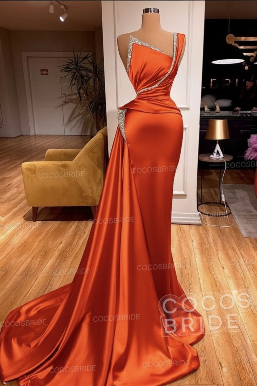 Elegant Long Mermaid One Shoulder Sleeveless Satin Prom Dress