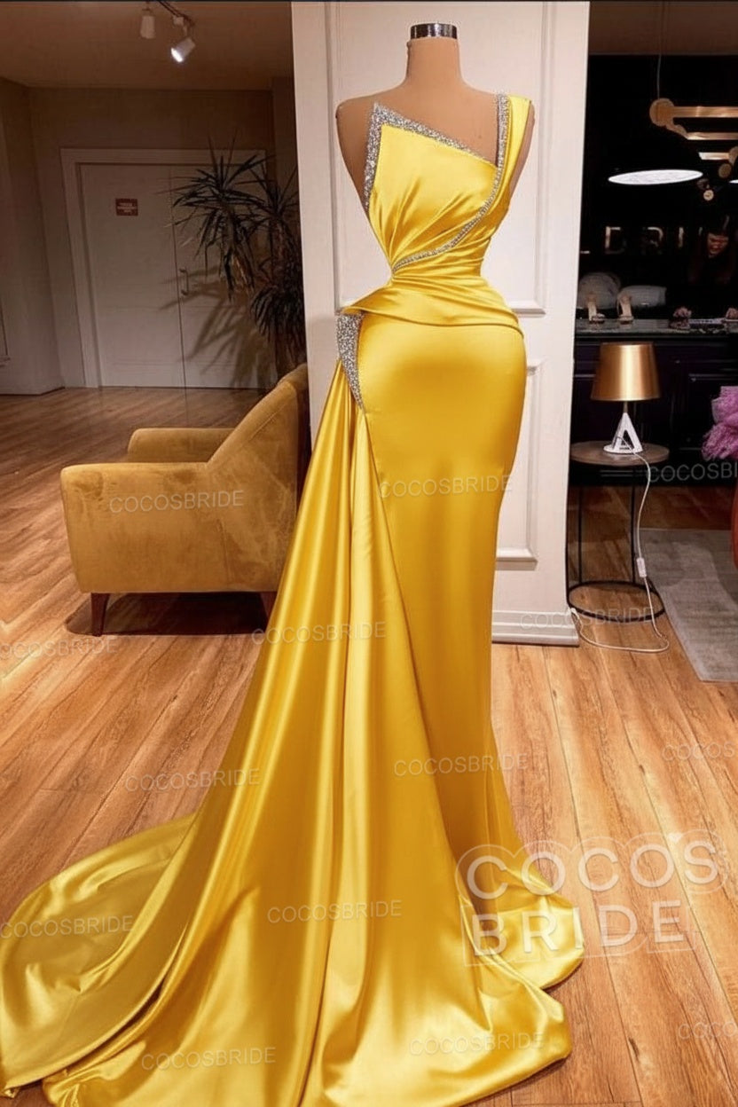Elegant Long Mermaid One Shoulder Sleeveless Satin Prom Dress