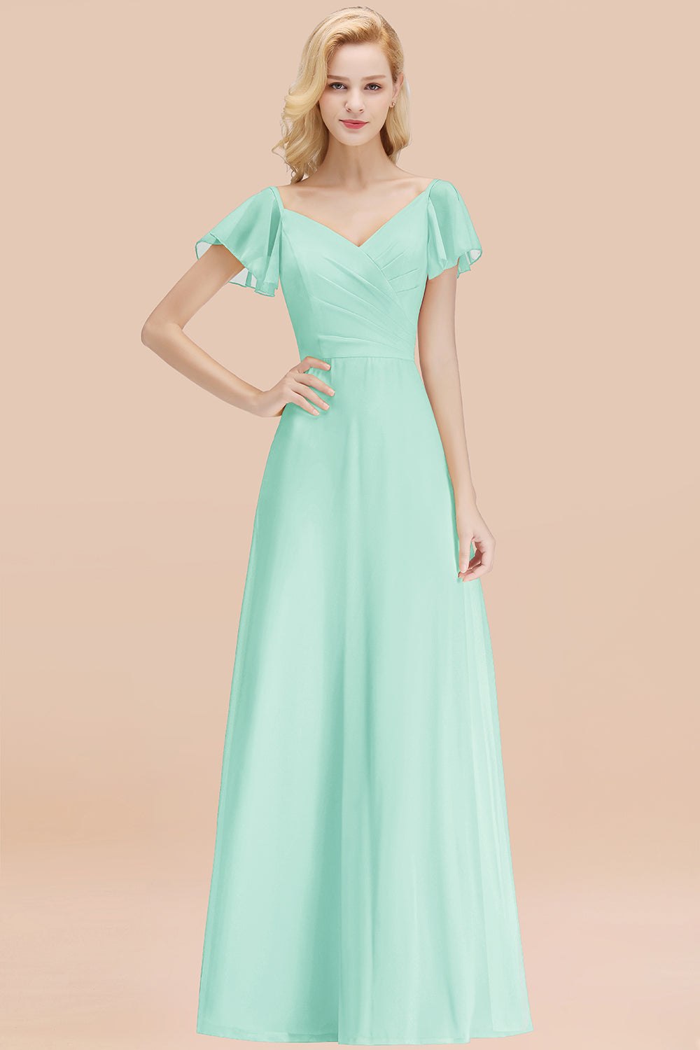 Elegant V Neck Short Sleeves Chiffon A-line Long Chocolate Bridesmaid Dress