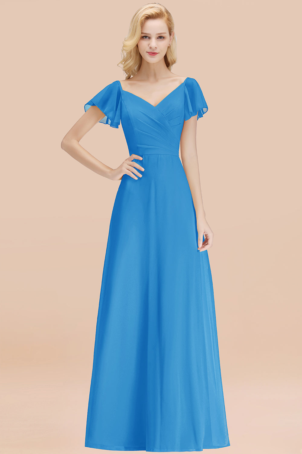 Elegant V Neck Short Sleeves Chiffon A-line Long Chocolate Bridesmaid Dress