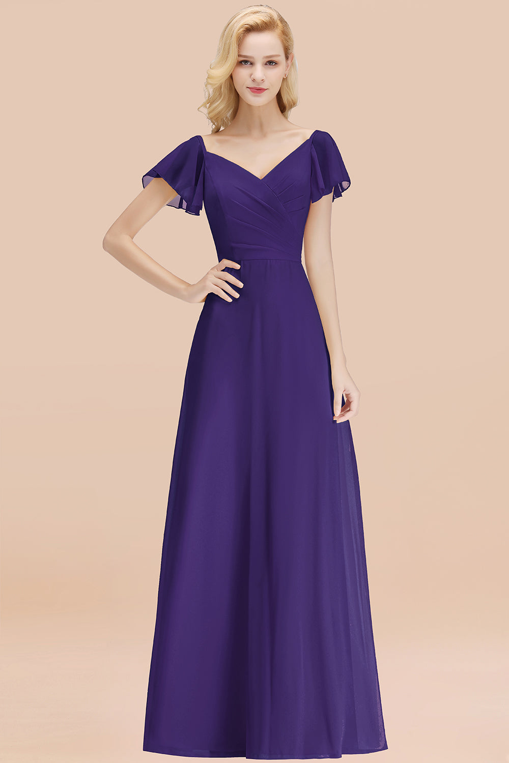 Elegant V Neck Short Sleeves Chiffon A-line Long Chocolate Bridesmaid Dress