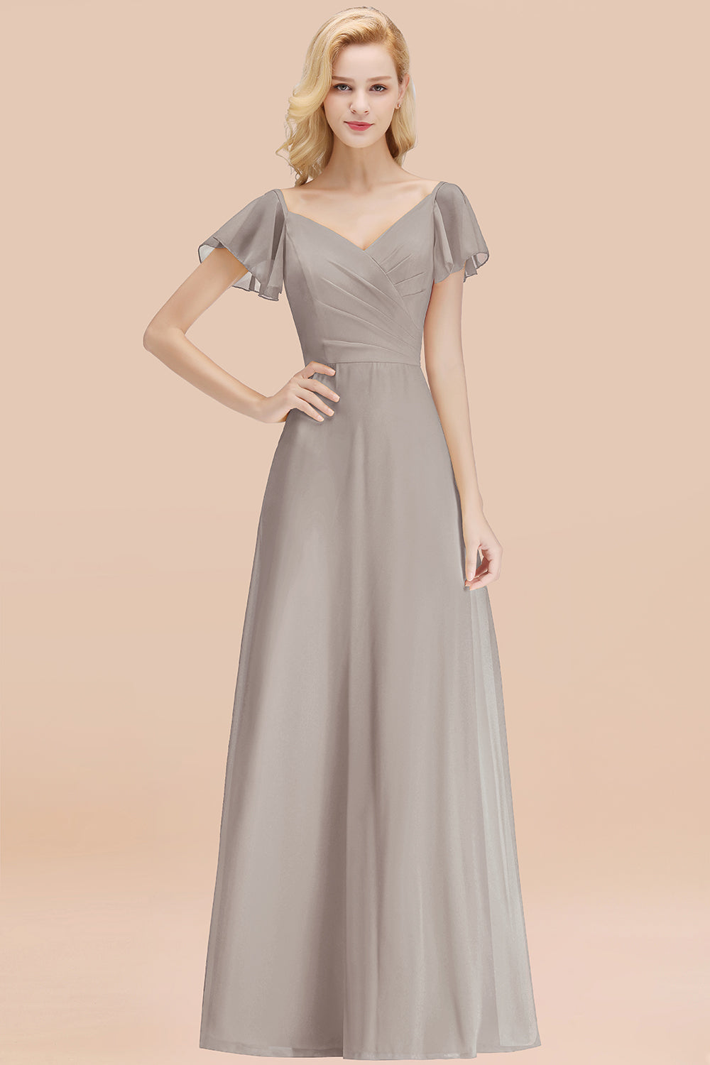 Elegant V Neck Short Sleeves Chiffon A-line Long Chocolate Bridesmaid Dress