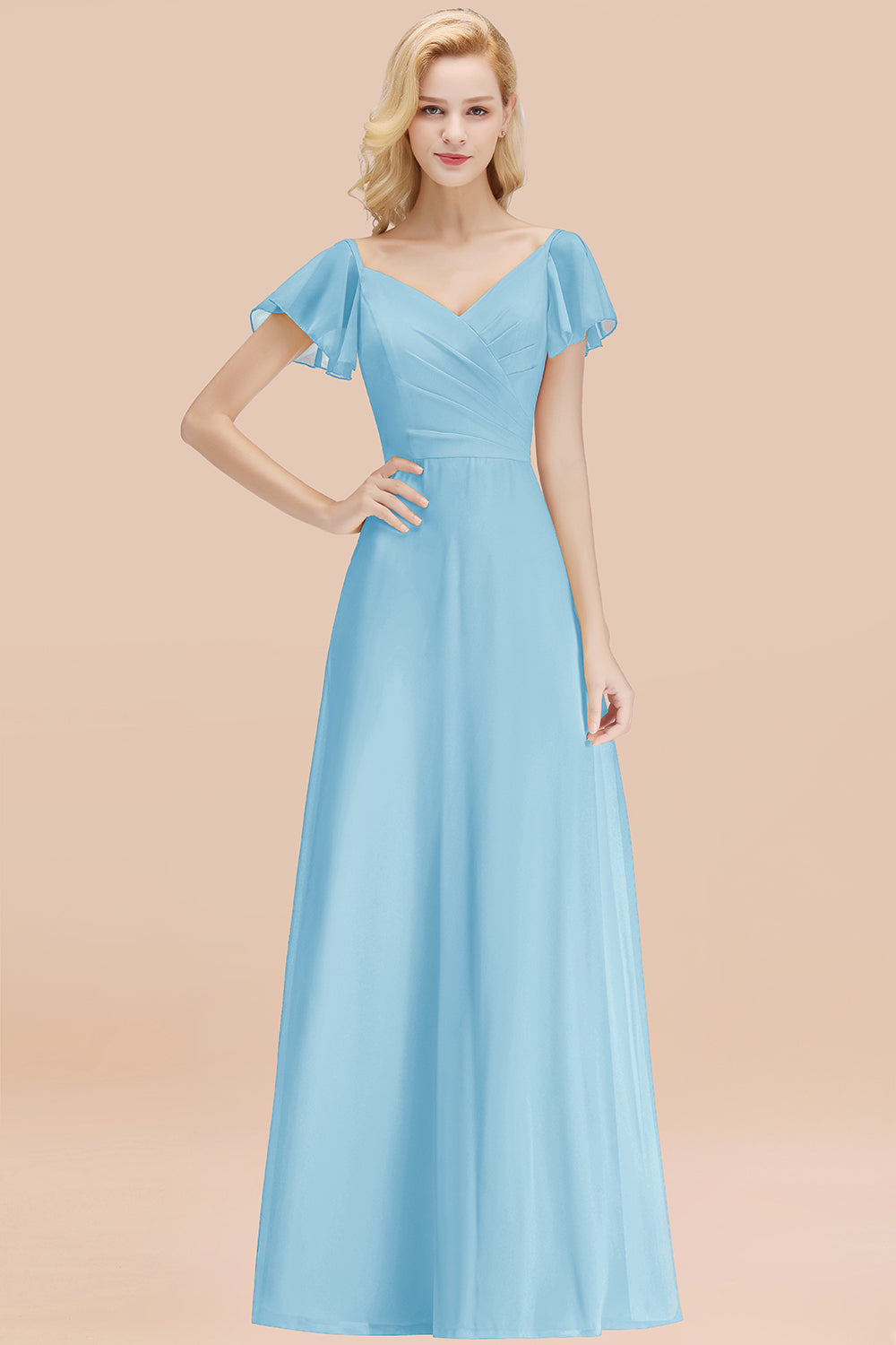 Elegant V Neck Short Sleeves Chiffon A-line Long Chocolate Bridesmaid Dress