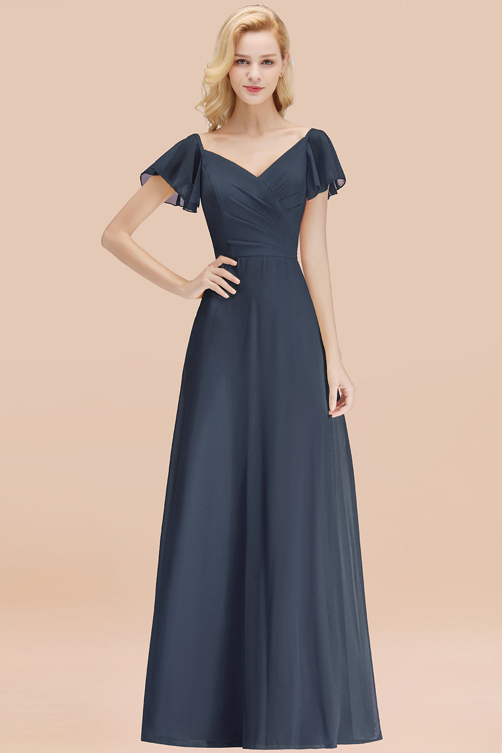 Elegant V Neck Short Sleeves Chiffon A-line Long Chocolate Bridesmaid Dress