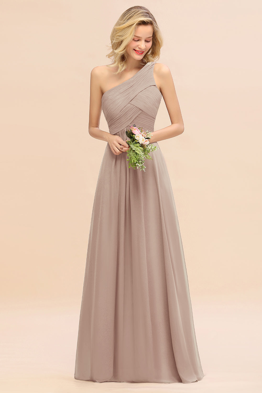 Elegant A-line Chiffon Ruffles One Shoulder Long Bridesmaid Dress