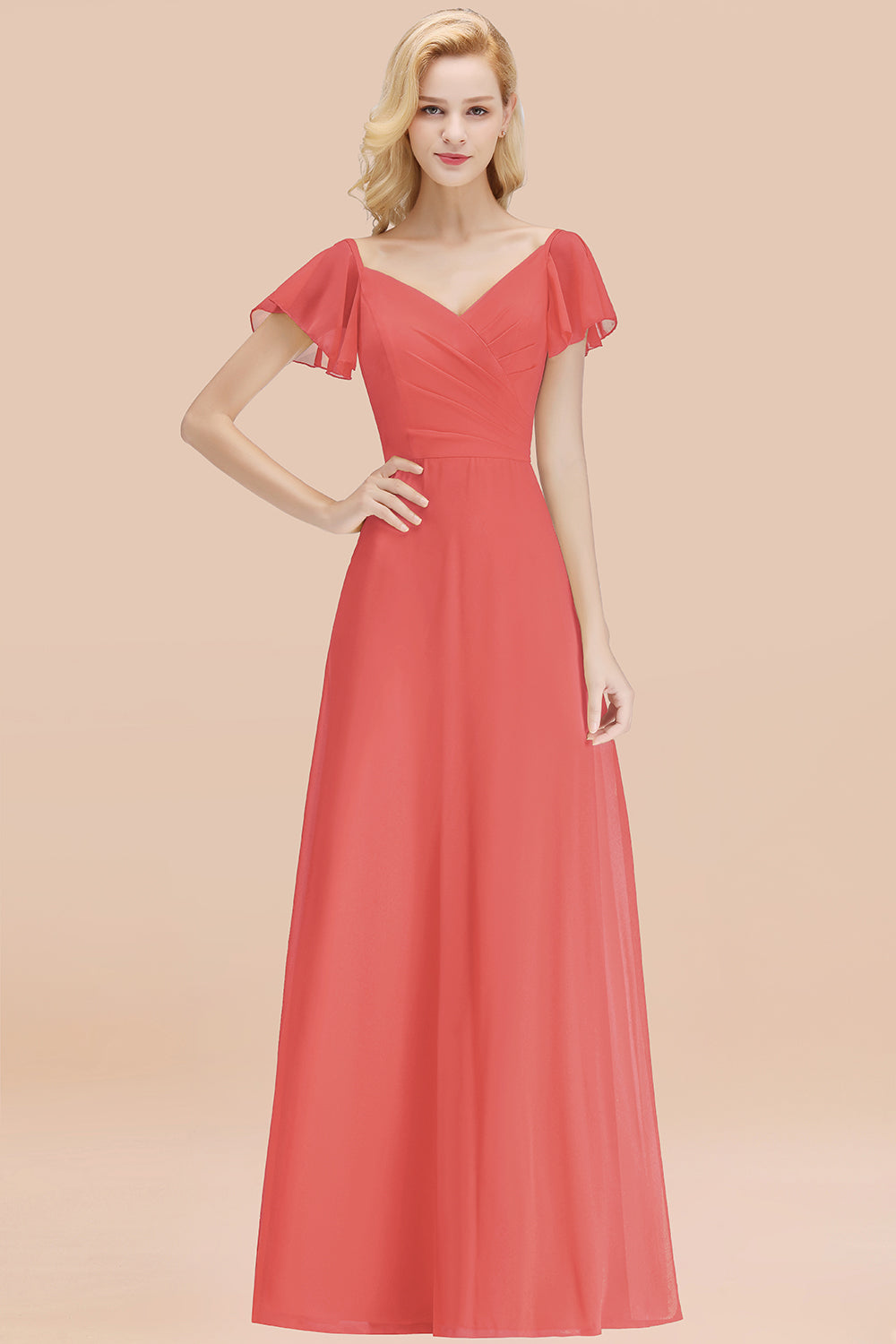 Elegant V Neck Short Sleeves Chiffon A-line Long Chocolate Bridesmaid Dress