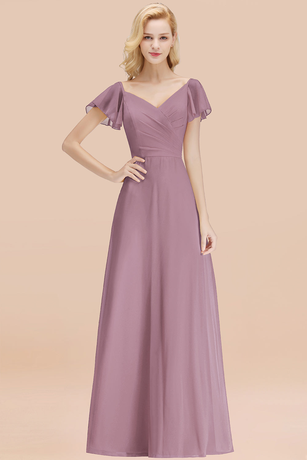 Elegant V Neck Short Sleeves Chiffon A-line Long Chocolate Bridesmaid Dress