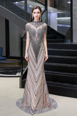 Mermaid High Neck Cap sleeves Sparkle Beads Long Evening Dresses