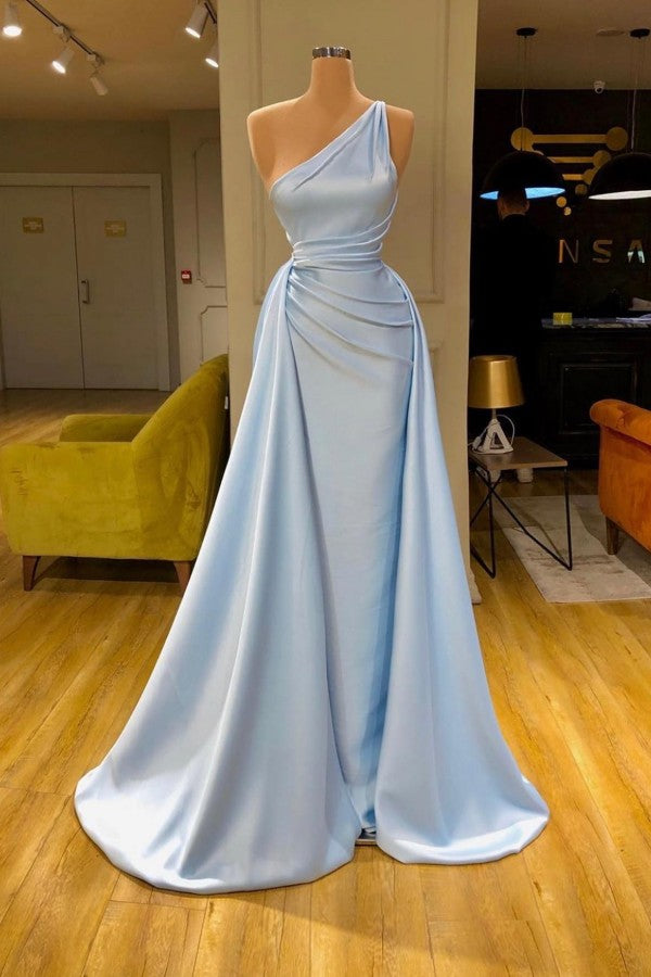 Elegant Sky Blue Long Mermaid One Shoulder Satin Formal Prom Dresses