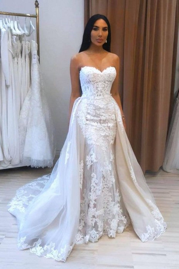 Long Sweetheart A-line Appliques Lace Floor Length Tulle Wedding Dress