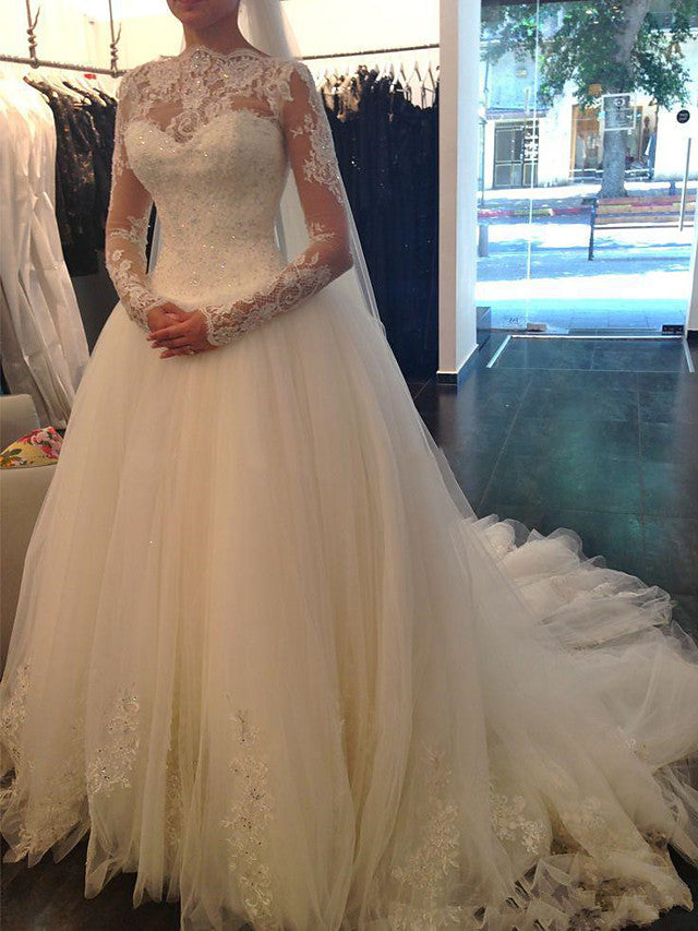 Long A-line Jewel Neck Court Train Lace Tulle Ivory Wedding Dresses with Sleeves