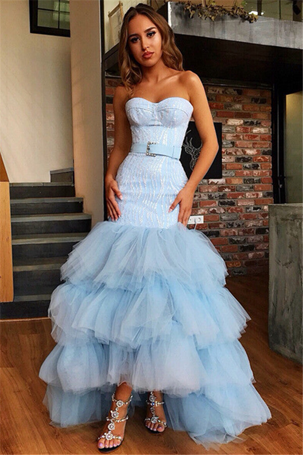 Long Strapless Tulle Mermaid Sky Blue Formal Prom Dress