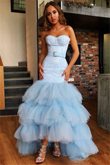 Long Strapless Tulle Mermaid Sky Blue Formal Prom Dress