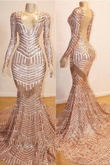 Mermaid Long Sleeves V-neck Sequined Sweep Train Prom Dresses