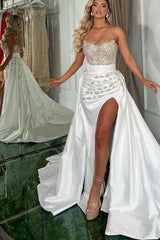 Long White Mermaid Sweetheart Satin Beading Prom Dresses with Split