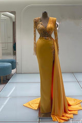 Long Mermaid V-neck Satin Front Slit Prom Dresses with Sleeves