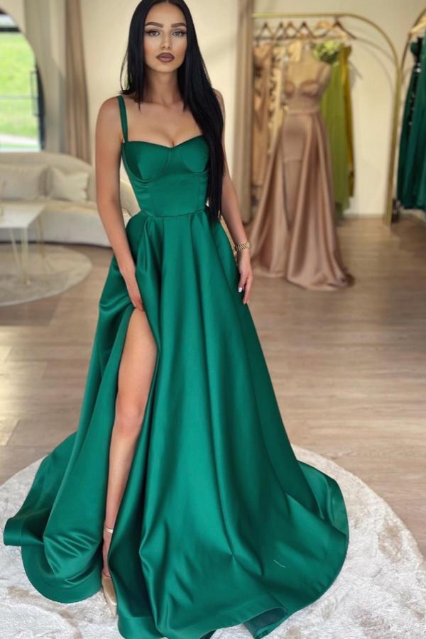 Green Long A-line Sweetheart Satin Front Split Prom Dresses