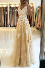 Long V-neck Open Back Lace Floor Length A-Line Ruffles Prom Dress