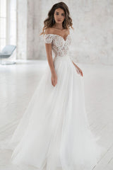 Elegant Long A-line Off the Shoulder Appliques Tulle Wedding Dress	 with Short Sleeve