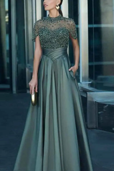 Elegant Illusion Neck Long A-line Prom Dress with Pockets