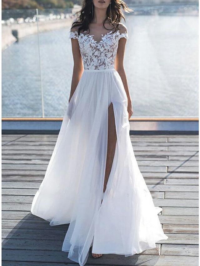 Beach Boho Long A-line Sweetheart Lace Short Sleeve Chiffon Wedding Dresses with Slit