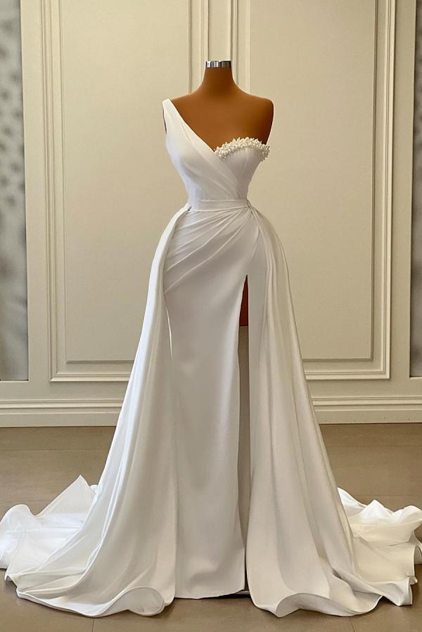 Vintage Long Mermaid One Shoulder Satin Formal Prom Dresses with Slit